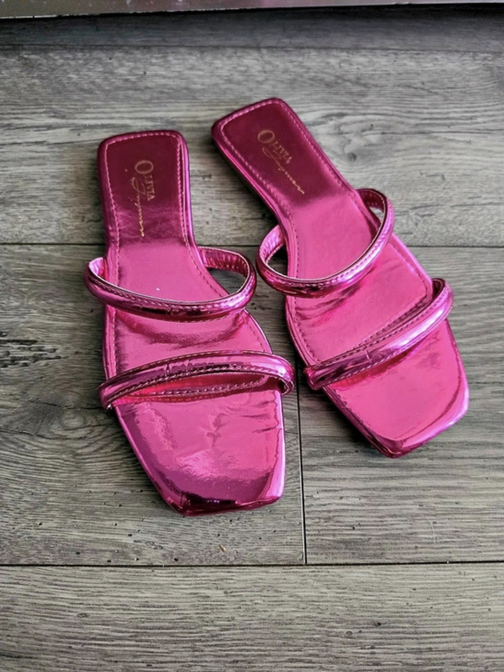 Metallic Dark Pink Square-Toe Slide Slippers